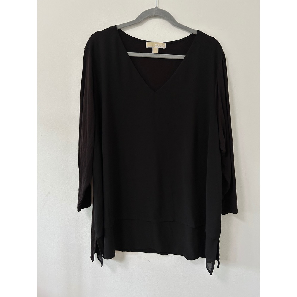 Michael Kors Layered Hem Tunic Women 2X Black Minimalist 3/4 Sleeve V-Neck Top